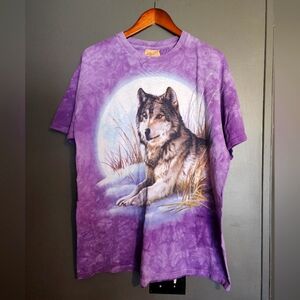 Vintage 90's Y2k Purple Tie Dye Wolf Graphic T-Shirt 100% Cotton Size Large